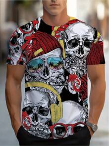 Men's Vintage 3D Printed Gothic Skull & Band Graphic-Shirt - Vibrant Red/Black/White/Pink/Blue/Yellow/Purple/Orange/Beige - Crew Neck Short Sleeve Casual Summer Tee Music Festivals & Casual Attire - Washable Bold Statement Shirt With Retro Skull Design, Artistic 3D Print, And Comfortable Fit Men, PLUS SIZE - 混合色 - 查看 2