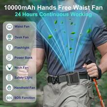 7-In-1 Multi-Use Portable Fan Hands Free Flashlight Etc,Christmas Gifts For Men Women,Turbo Powerful Cooling Personal Fan,10000mAh,24H Lasting,LED Display,Outdoor Travel Camping Fitness Gift (Black) - 深灰色 - 查看 6