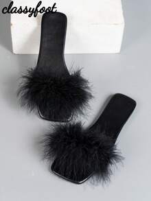 1双女士时尚毛绒羽毛装饰平底拖鞋，休闲人造毛皮绑带露趾套脚凉鞋，防滑轻便夏季沙滩泳池派对日常穿着鞋，优雅奢华黑色羽毛点缀平底凉鞋，适合度假、街头风和晚间场合，柔软舒适，引人注目。 - 黑色 - 查看 4