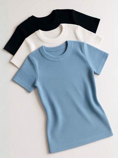 Kit 3 Blusa Manga Curta Ribana Feminina Básica Elegante Verão