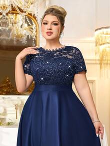 Plus Sequin Floral Lace Scallop Neckline Contrast Satin Elegant Evening Party Dress, Wedding Guest Dress, Prom Dress, S Summer - Navy Blue - View 9