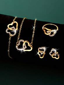 Set de 5 piezas con collar, aretes, pulsera y anillo con incrustaciones de rhinestone, creativos y únicos - Multicolor - Ver 12