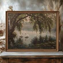 لوحة منظر طبيعي ريفي لبحيرة البجع بإطار/بدون إطار، طباعة لوحة زيتية فينتاج بطراز كلاسيكي حزين، ديكور منزلي مناسب للسكن الجامعي والشقق والغرف المعيشية والنوم والديكور الحديث