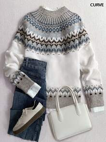 女士大码秋冬时尚舒适几何费尔岛图案圆领长袖针织宽松套头衫，适合秋季、冬季穿着，可作上衣、工作/办公室、商务休闲装。 - 彩色 - 查看 5
