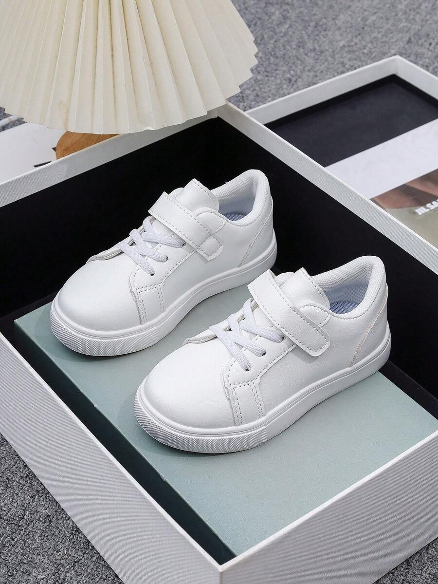 1双儿童休闲运动鞋，四季皆宜，新款女童白色软底鞋，防滑魔术贴，幼儿男童休闲平底鞋 - 白色 - 查看 1