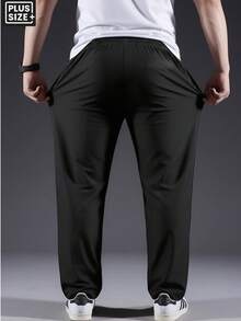 1pc Plus Size Men's Lightweight Breathable Straight Leg Sports Pants, Elastic Ice Silk Fabric, 6XL, With Zipper Pockets And Reflective Print, Suitable For Fitness, Running, Outdoor Activities, Daily Wear, Father's Gift, Men's Gift Black Spring - Black - View 5