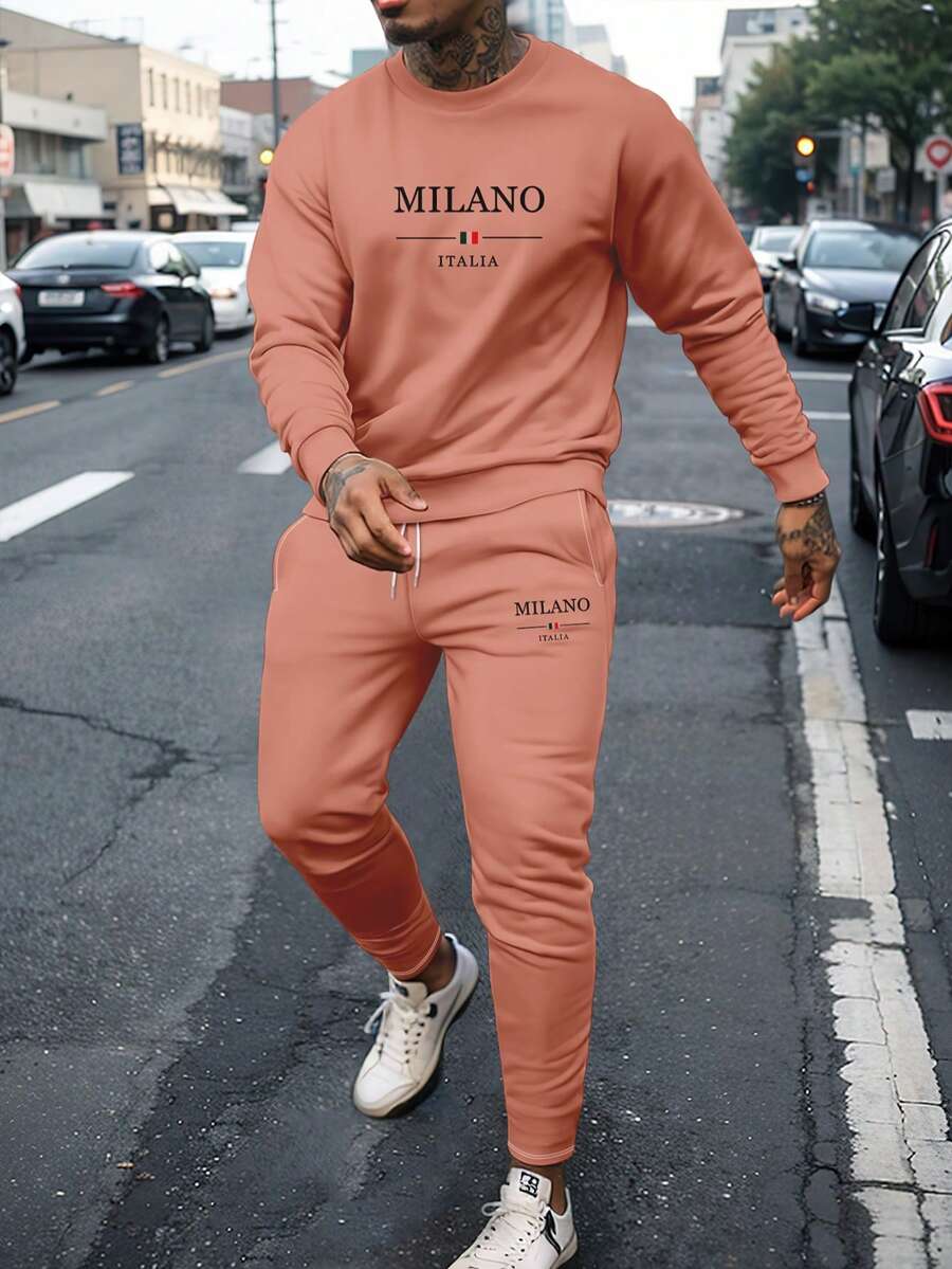 男士休闲百搭字母印花圆领卫衣和长裤套装 - 珊瑚粉 - 查看 1