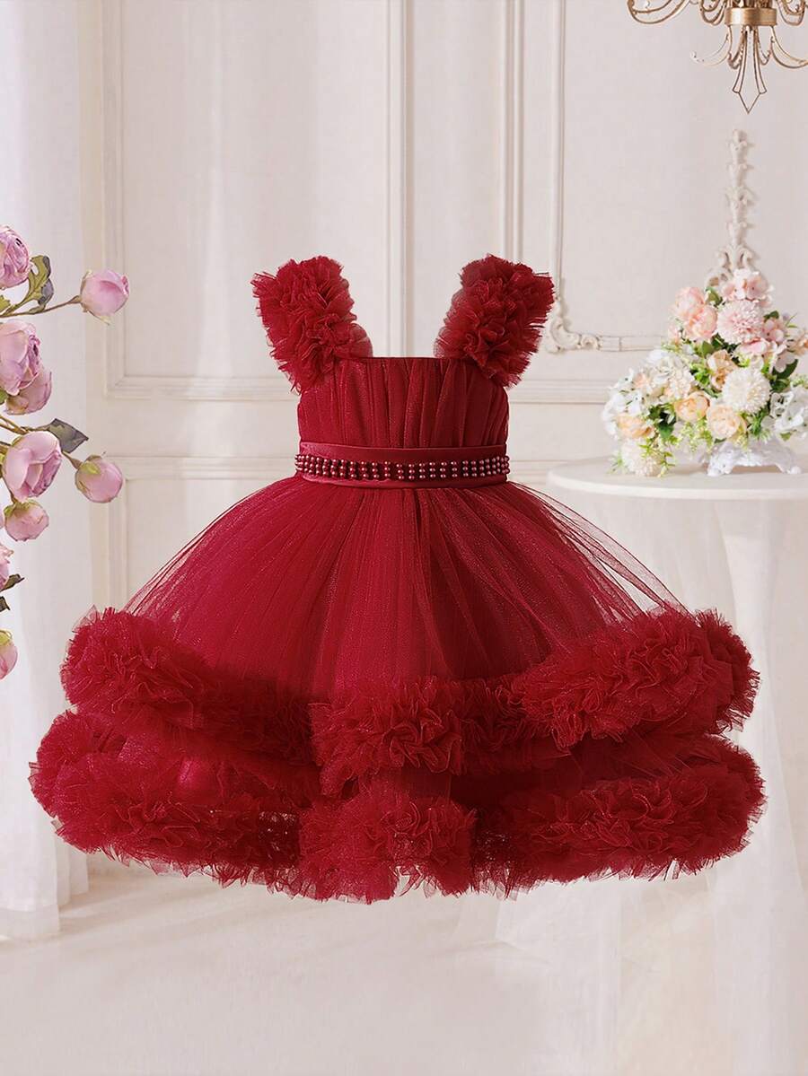 Young Girls Faux Pearl Embroidered Tulle Elegant Princess Flower Girl Dress, Suitable For Vacation And Outings, Headband Not Included - Burgundy - View 1