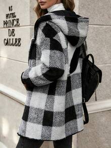 Plaid Color Block Cardigan Moda Suéter Mujeres Cárdigan oversize de estilo europeo y americano con estampado de cuadros en bloques de color y ribete de piel Prenda de punto de moda para mujer Cárdigan de lana con capucha, solapas grandes y estampado de cuadros en bloques de color Estilo informal y holgado Silueta cálida y favorecedora - Gris Oscuro - Ver 5