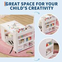 Mesa de arte infantil de 49 pulgadas, mesa grande para manualidades con 2 sillas, computadora de arte multifuncional con estantes de almacenamiento para habitación de los niños, jardín de - Blanco - Ver 5