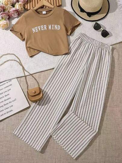 2pcs/Set Modern Letter Print Short Sleeve Top And Striped Wide Leg Pants Outfit, Suitable For 7-10 Years Old Girls, Fashionable Casual Wear For Daily, Home Or Outdoor Walking