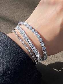 3pcs/Set Fashion Shining Round Square Geometric Cubic Zirconia Tennis Bracelets Sets For Engagement Banquets, Daily Wear, Gift For Friends - White - View 2