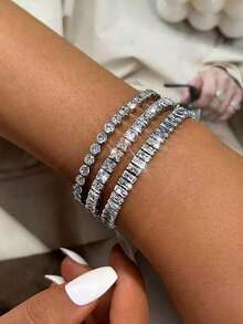 3pcs/Set Fashion Shining Round Square Geometric Cubic Zirconia Tennis Bracelets Sets For Engagement Banquets, Daily Wear, Gift For Friends - White - View 4