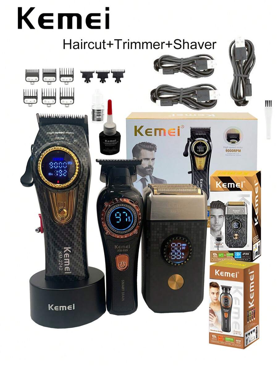 Kemei 专业理发师大功率电动理发器套装 KM-2242，9000转/分无刷电机底座充电器，可调节速度理发器，高品质剃须刀套装，电动理发器，修剪和剃须套装，T410剃须刀，男士新年礼物，生日礼物