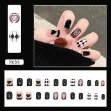 4 Boxes 96Pcs Short Squoval Press On Nails 24PCS Gothic Diamond Grid Sweet & Edgy Heart Press On Nails, Oval False Nails, Skin-Brightening Fall Winter Edgy Insta Fashion Nails For Women & Teens | Perfect For Party, Concert, Halloween & Daily Wear.Nail Charms,Valentines,Uñas Acrílicas,Nail Tech Supplies,Short Press On Nails. - 黑色376 - 查看 2