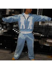 Men's Y2K Hoodie Fashion High Street Personality Hip-Hop Style Letter Print Hooded Cardigan Jacket - Blue - View 4