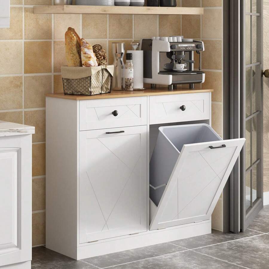 Vabches Double Tilt Out Trash Can Cabinet With 2 Drawers, Dog-Proof Trash Can Holder Without Garbage Bins, Wood Hidden Laundry Hamper Cabinet Recycling Cabinet For Bathroom, Kitchen, Living Room, White