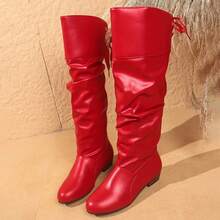 Knee-High Boots With Elegant Laces And Bow Details - Square Toe, Thick Low Heel, Laced, With Artificial Cover And Rubber Sole, Available In White, Black And Red - Đỏ - Xem 6