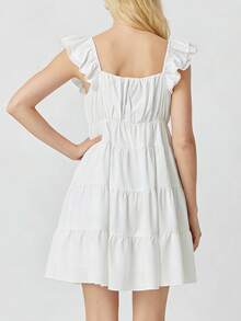 Women Tiered Mini Dress Solid V Neck Flutter Sleeve Backless A-Line Short Dress For Daily Party Club - 白色 - 查看 6