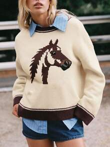 Women Y2K Graphic Oversized Sweater Horse Print Crew Neck Long Sleeve Knit Pullover Top  Loose Fit Streetwear - Màu Khaki - Xem 6