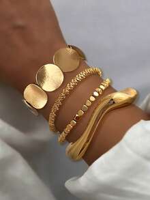 4pcs Vintage Exaggerated Luxurious Geometric Design Wide Metal Gold Bangle Set, Suitable For Daily Wear And Gift - Gold 2 - View 2