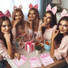 33 Pcs/1 Set, Pink Bow Party Bingo Game Set, 24 Player Cards (24 Different Patterns), 7 Marking Cards (70 Stickers), 1 Calling Card And 1 Game Instructions Card, Pink Theme Party Game, Perfect For Girl's Birthday Parties, BFF Gatherings - Multicolor - View 5