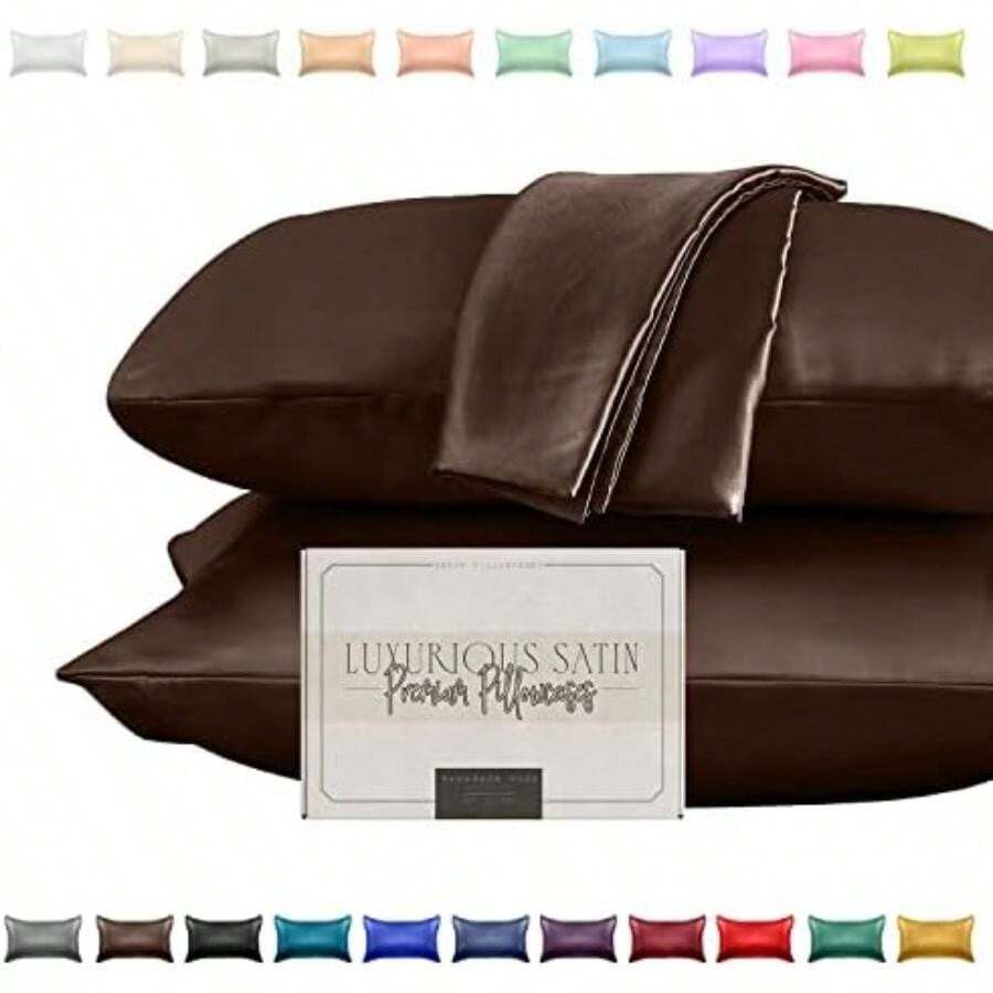Elegant Comfort - Juego de Funda de Almohada de satén de 2 Piezas para una Piel y Cabello más saludables, Cierre de Cierre Oculto y bellamente empaquetado, Juego de Funda de Almohada de satén, tamaño(Marrón Chocolate King) - Multicolor - Ver 1