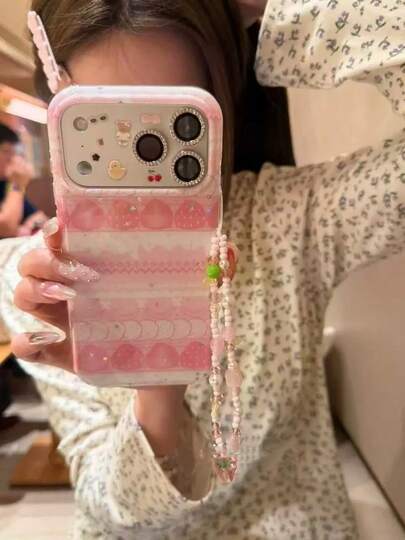 Glitter Star Pink Strawberry Pendant 16/15 Phone Case, Compatible With IPhone 14/13 Pro Max, Transparent Hard Shell, Girly, Niche, Korean, Sweet, New Summer Style