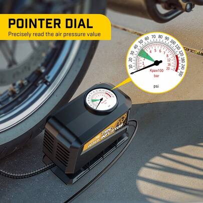  Carsun Tire Lnflator Portable Air Compressor Tire Air Pump,Mechanical Display Model, 12V DC, Plug And Play, Fast Inflation, Bottom With Surrounding Hose Storage, Made Of ABS Material, Drop-Resistant Bicycle Pump, Tire Pressure Gauge - 300 PSI Measurement Dial.Car Women Accessories