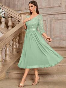 MIUSOL Đầm maxi tay lửng 3/4 bằng chiffon, cổ chữ V, đính sequin và ren hoa thanh lịch, thích hợp cho khách dự đám cưới, lễ tốt nghiệp, tiệc tối mùa xuân. - Màu xanh Bạc hà - Xem 7