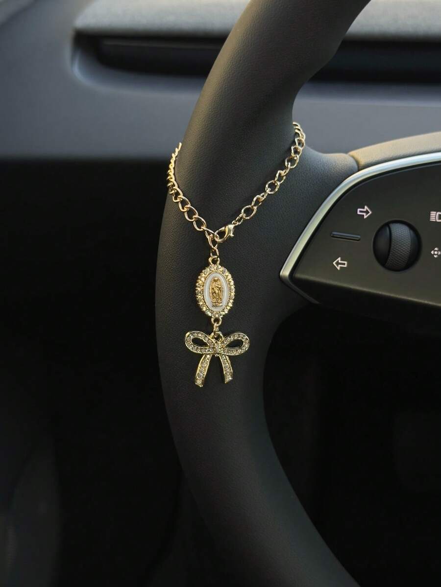 1个方向盘装饰品，15厘米可调节长度，简约可爱，创意念珠吊坠汽车配件，独特时尚汽车挂件装饰 - 白色橢圓盤+蝴蝶結 - 查看 1