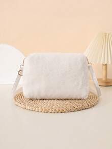 Fashionable Plush Women's Handbag, Soft Texture Furry Small Square Shoulder Crossbody Bag - White - View 3