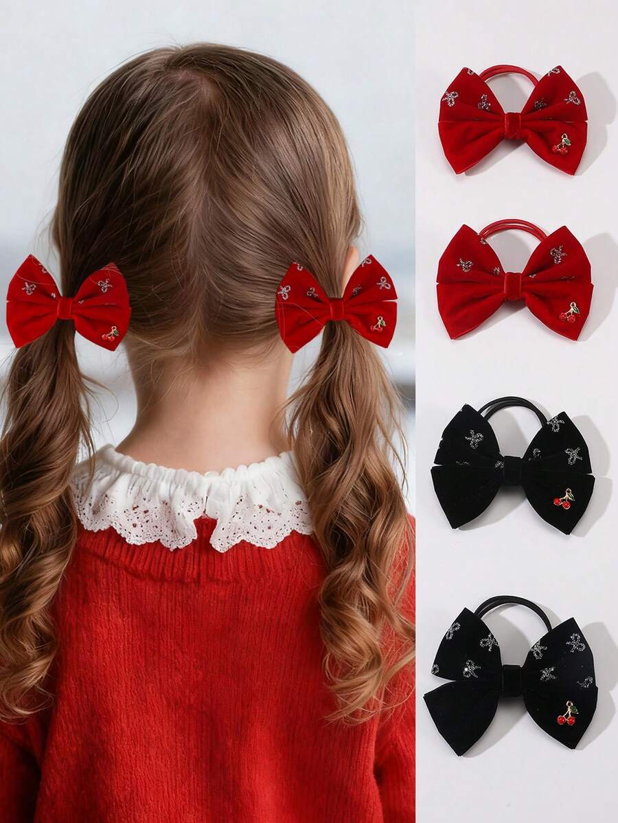 2pcs/4pcs Girls Velvet Bow & Cherry Hair Accessories Set, Suitable For Daily Decoration - Multicolor - View 1