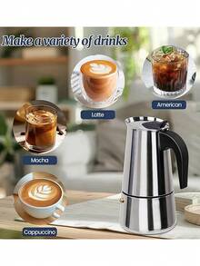 Cafetera de acero inoxidable plateada con mango resistente al calor, apta para cocinas eléctricas y de gas, pero no para cocinas de inducción. Apta para todo tipo de cocinas, para uso doméstico y de camping. Cafetera clásica de acero inoxidable, apta para inducción/llama abierta. Cafetera de acero inoxidable, moka italiana, cafetera/molinillo de mano portátil de estilo europeo, equipo de camping, fácil de transportar, utensilios de cocina.