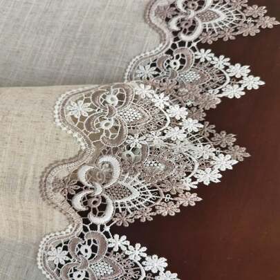 1Pc Linen-Colored Polyester Tablecloth With Two-Tone Embroidered Water-Soluble Lace Trim, Rectangular Long Tablecloth - Kitchen Essential For Home Decor, Family Gatherings, Holiday Celebrations, Picnics, And Country-Style Decor