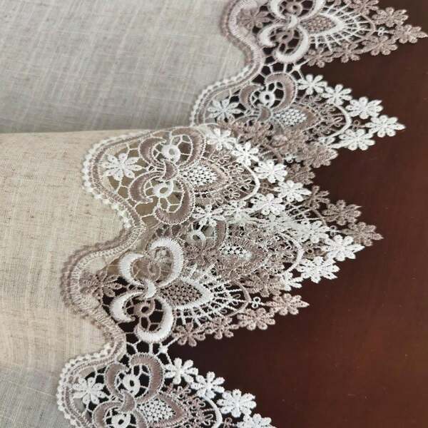 1 pieza Mantel rectangular de poliéster color lino con bordado de encaje hidrosoluble de dos tonos, mantel largo - Esencial de cocina para decoración del hogar, reuniones familiares, celebraciones festivas, picnics y decoración de estilo campestre