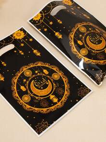 50pcs Eid Mubarak Plastic Gift Bags, Black & Gold Crescent Moon & Lantern Print Design With Handle, Suitable For Eid Celebration Events - Multicolor - View 4