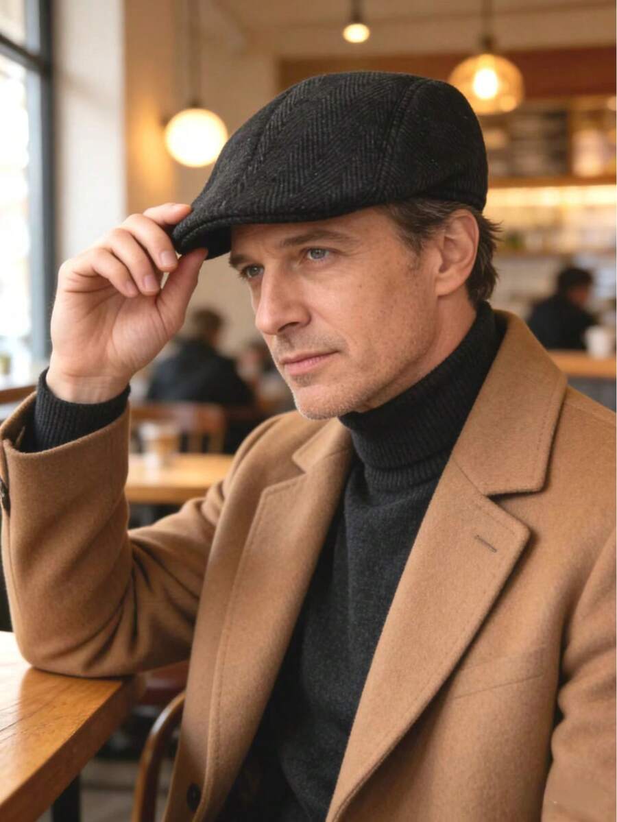 1pc Men's Fashionable Beret Hat, Autumn/Winter Wool Felt Cap, Middle-Aged & Elderly Warm Forward Hat, Elderly Baseball Cap, Thick Beret - Multicolor - View 1