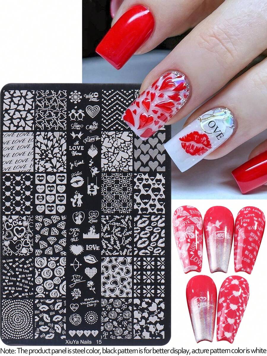 Heart-Shaped Valentine's Day Nail Art Stamping Plate, Lip Print, Flower, Butterfly, Heart Pattern Nail Art Stamp Template, DIY Nail Art, Large Nail Art Template, Nail Art Tools, Women Nail Salon Supplies - Silver - View 1
