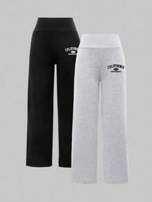 2pcs/Set Women's Letter Print Straight Leg Pants