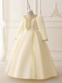 4Y-7Y Girls' Middle Eastern Princess Style Dress, V-Neck Long Sleeve High Waist Flared Dress, Elegant Embroidered Patchwork Design, Suitable For Wedding, Party, Holiday, Photography, Spring/Summer/Autumn - 白色 - 查看 4