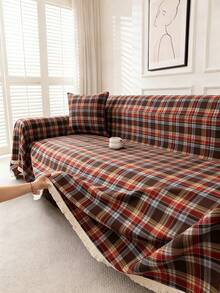 1pc Retro American Plaid Multifunctional Anti-Slip Sofa Cover Blanket With Tassels - Multicolor - View 6