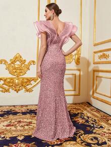 Faeriesty Đầm dạ hội dài thanh lịch cổ bèo nhún dành cho nữ - Xẻ tà đuôi cá, chất liệu sequin lấp lánh, dáng ôm sát | Hoàn hảo cho các buổi dạ tiệc trang trọng và đám cưới | Kết hợp với trang sức nổi bật và giày cao gót để có vẻ ngoài hoàn hảo cho kỳ nghỉ hè. - Hồng - Xem 1