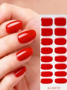 16片半固化凝胶美甲贴，时尚优雅红色美甲贴纸，自粘式全贴美甲套装，需配合UV灯使用，易于粘贴和卸除，适合女性和女孩日常派对DIY美甲使用。 - 紅色 - 查看 4