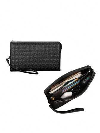 Herr kuvertväska med hundtandsmönster och präglad PU - Lätt, avtagbar handledsrem, rymlig handväska med flera fack och dragkedja