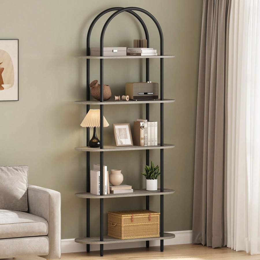Estante de Libros Arqueado de 5 Niveles - Estructura Metálica con Pies Ajustables, Ideal para Sala, Dormitorio u Oficina - Color Negro + Gris Grafito - Gris - Ver 1