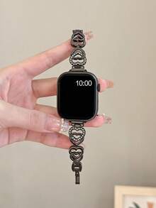 New Double Heart Metal Chain, Smart Watch Band, Compatible With Apple Watch Series 1/2/3/4/5/6/7/8/9/10/SE/Ultra, 38mm 40mm 41mm 42mm 44mm 45mm 49mm, Fashionable & Elegant Women's Premium Watch Accessory - Black - View 6