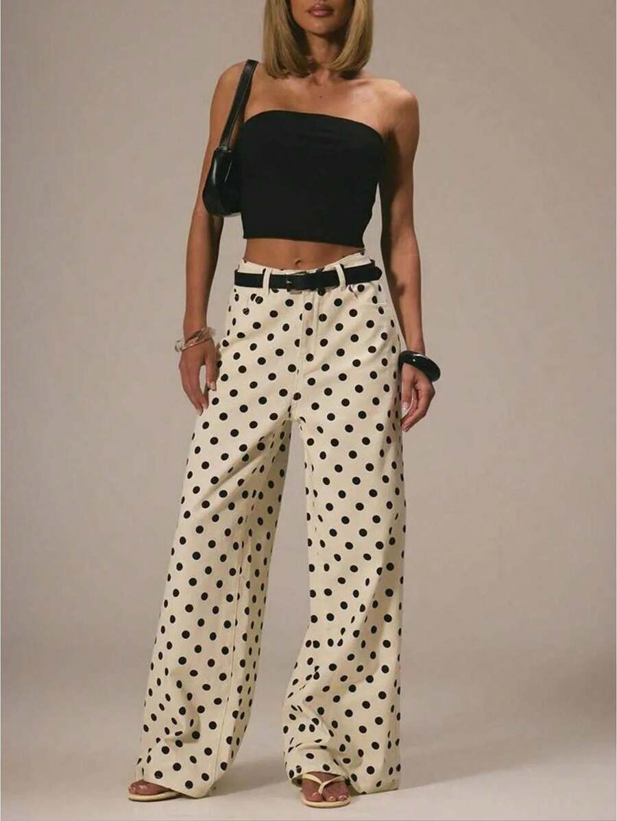 High-Waist Polka Dot Denim Wide-Leg Jeans For Women, Vintage-Inspired High Rise Trousers With Button Fly, Belt Loops, Functional Pockets And Relaxed Silhouette; Perfect For Casual Streetwear, Vacation, Brunch And Everyday Styling; Breathable Stretch Denim, Easy-To-Pair With Crop Tops Or Knitwear For Chic Retro Looks And Effortless All-Season Wear; Versatile Layering Piece, Flattering Fit For Multiple Body Types, -Forward Yet Timeless - 白色 - 查看 1