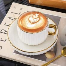 一套简约竖条纹金边陶瓷杯碟，250毫升/8.45盎司欧式咖啡杯碟，2件套/6件套优雅下午茶杯碟套装，适用于客厅、餐厅、咖啡馆、圣诞节、斋月聚会礼品 - 金色 - 查看 8