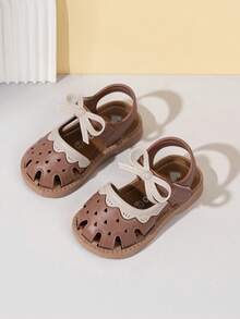 1 Pair Girls Hollow Out Hook And Loop Bow Sandals, Cute Fashion Princess Toddler Walking Shoes, Suitable For Summer - Brown - View 5